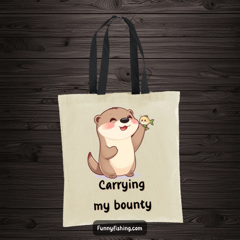Funny otter tote bag featuring a happy otter triumphantly holding a tiny, smiling fish, perfect for grocery runs or beach days.